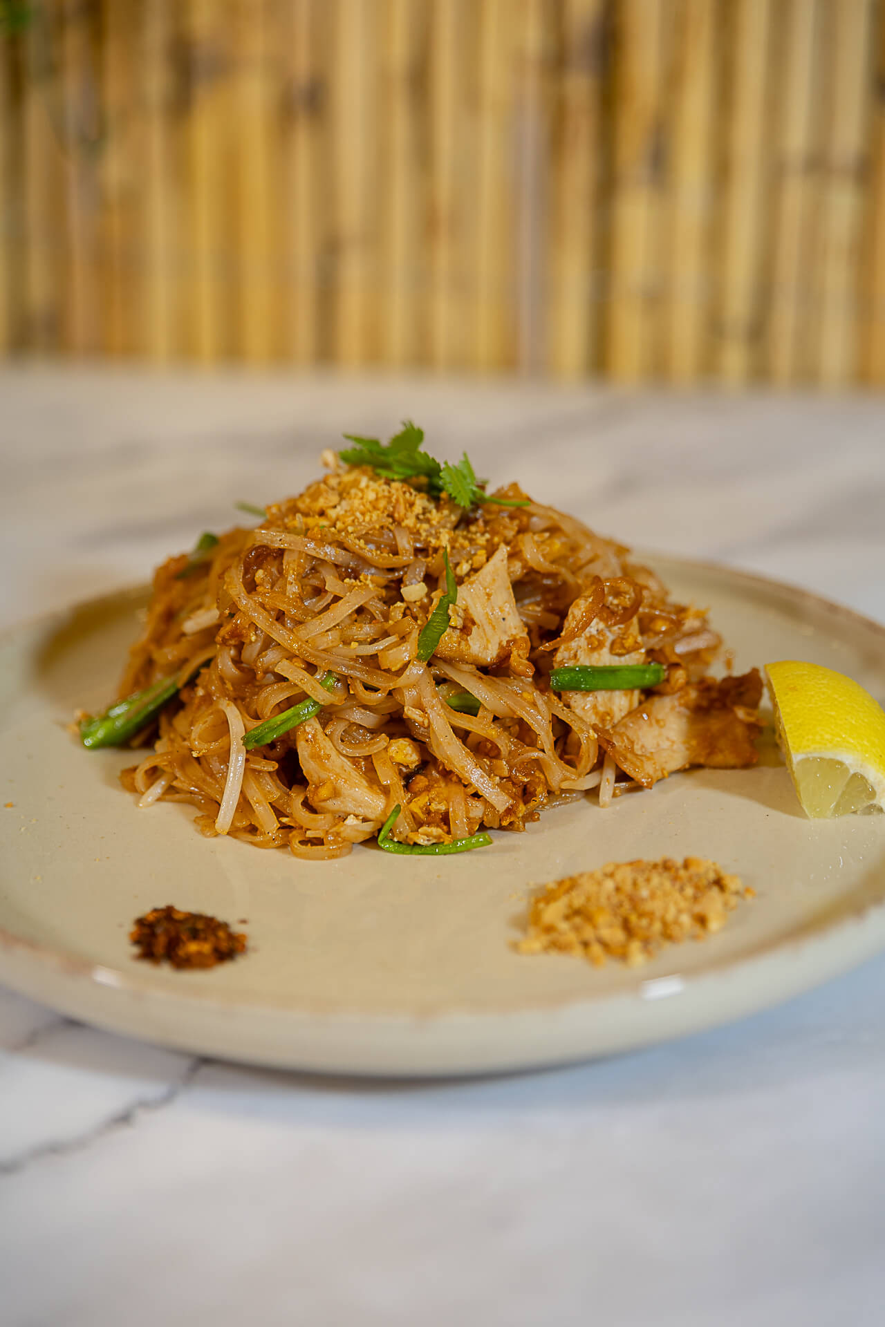 Pad Thai Pollo - Tallarines de arroz con pollo, huevo, brotes de soja y cacahuetes